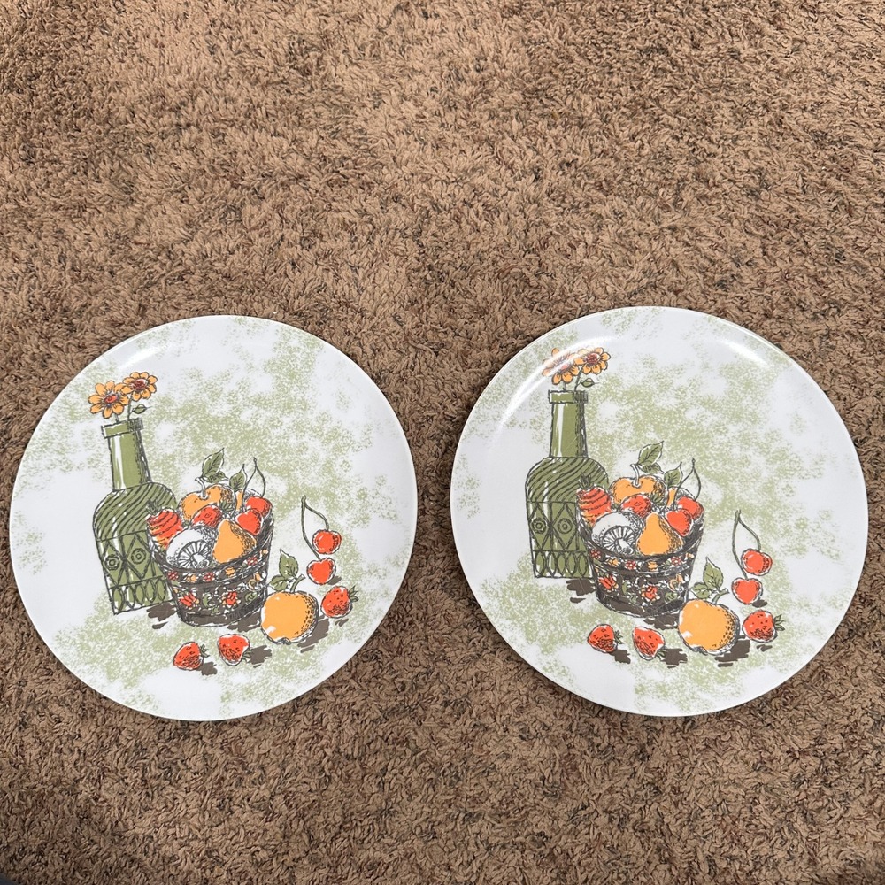 Vintage Texas-Ware Melamine Dinner Plates Set of 2 Fruit Basket Still Life 9.75"